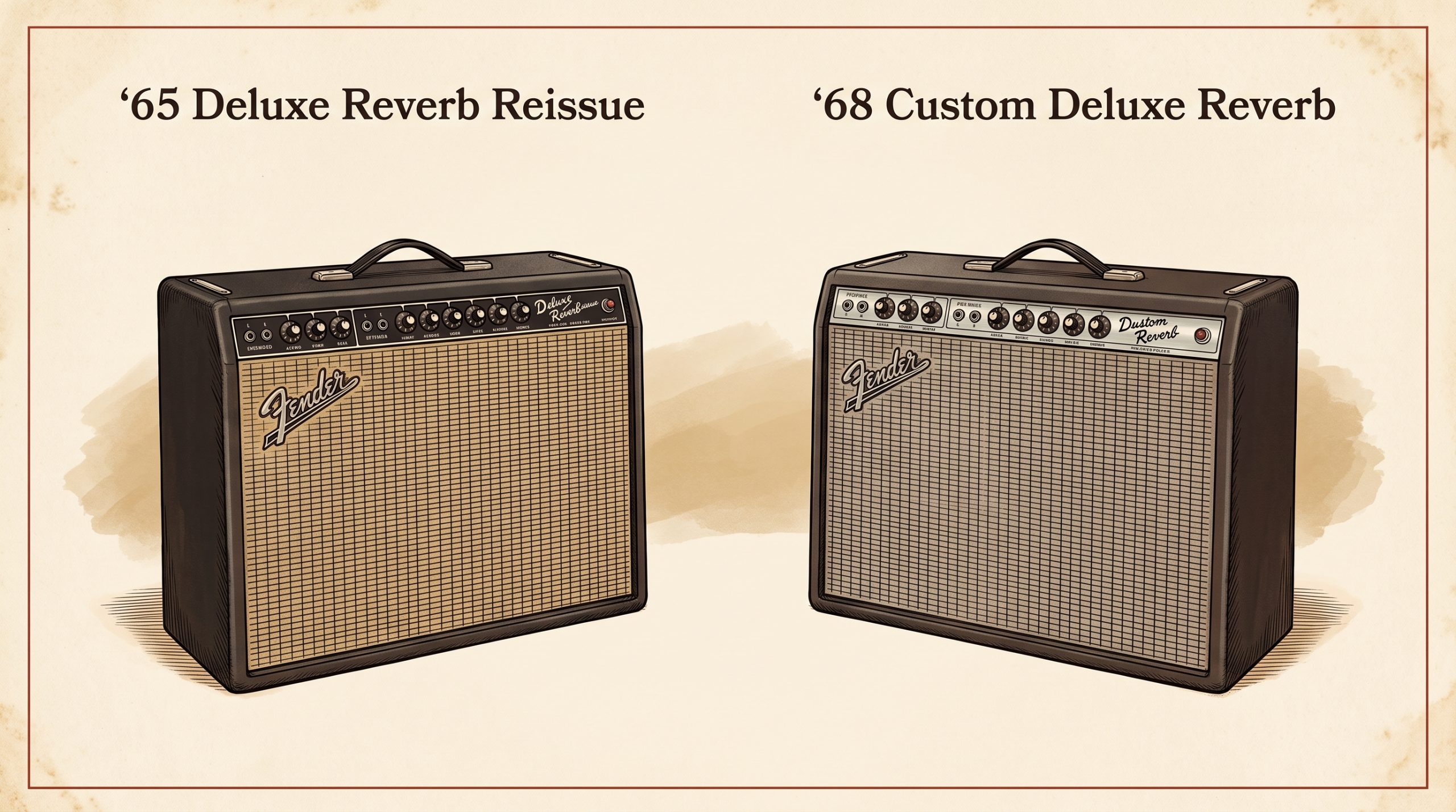Fender '65 Deluxe Reverb Reissue and '68 Custom Deluxe Reverb amps illustrated side by side