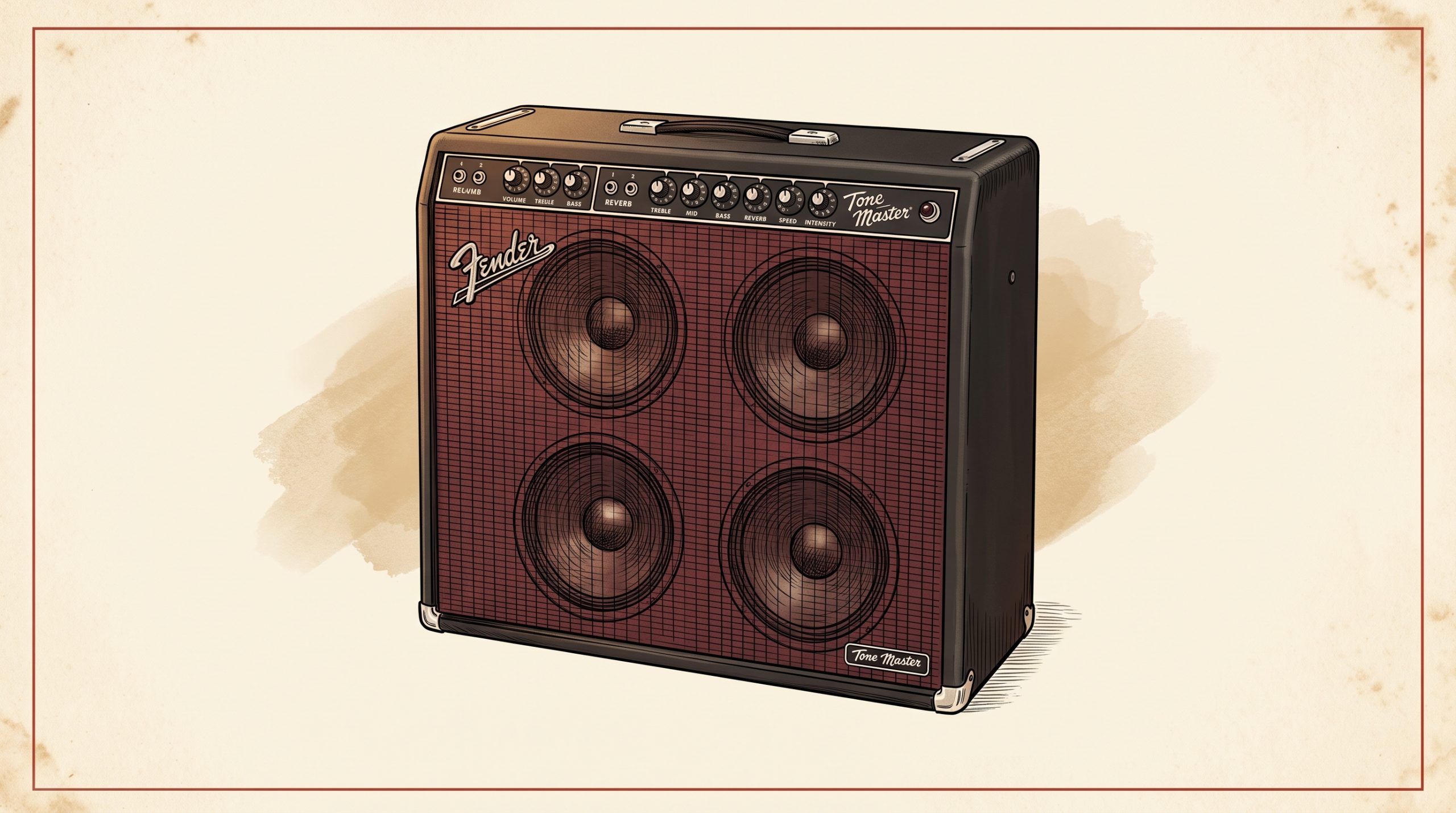 Fender Tone Master Super Reverb combo amp with black tolex and silver grille, four 10-inch speakers