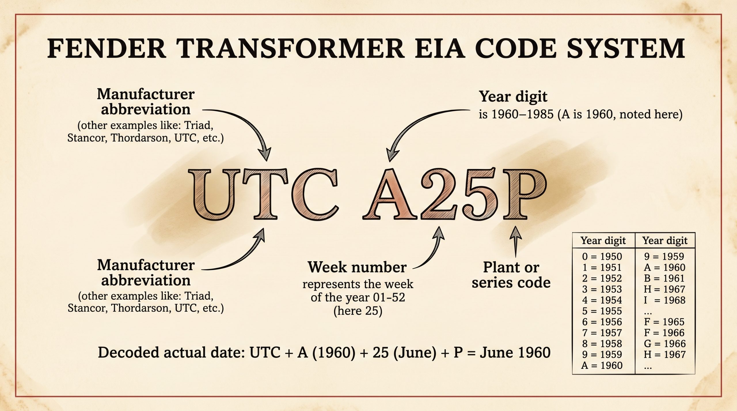 fender transformer EIA manufacturer code date decoder