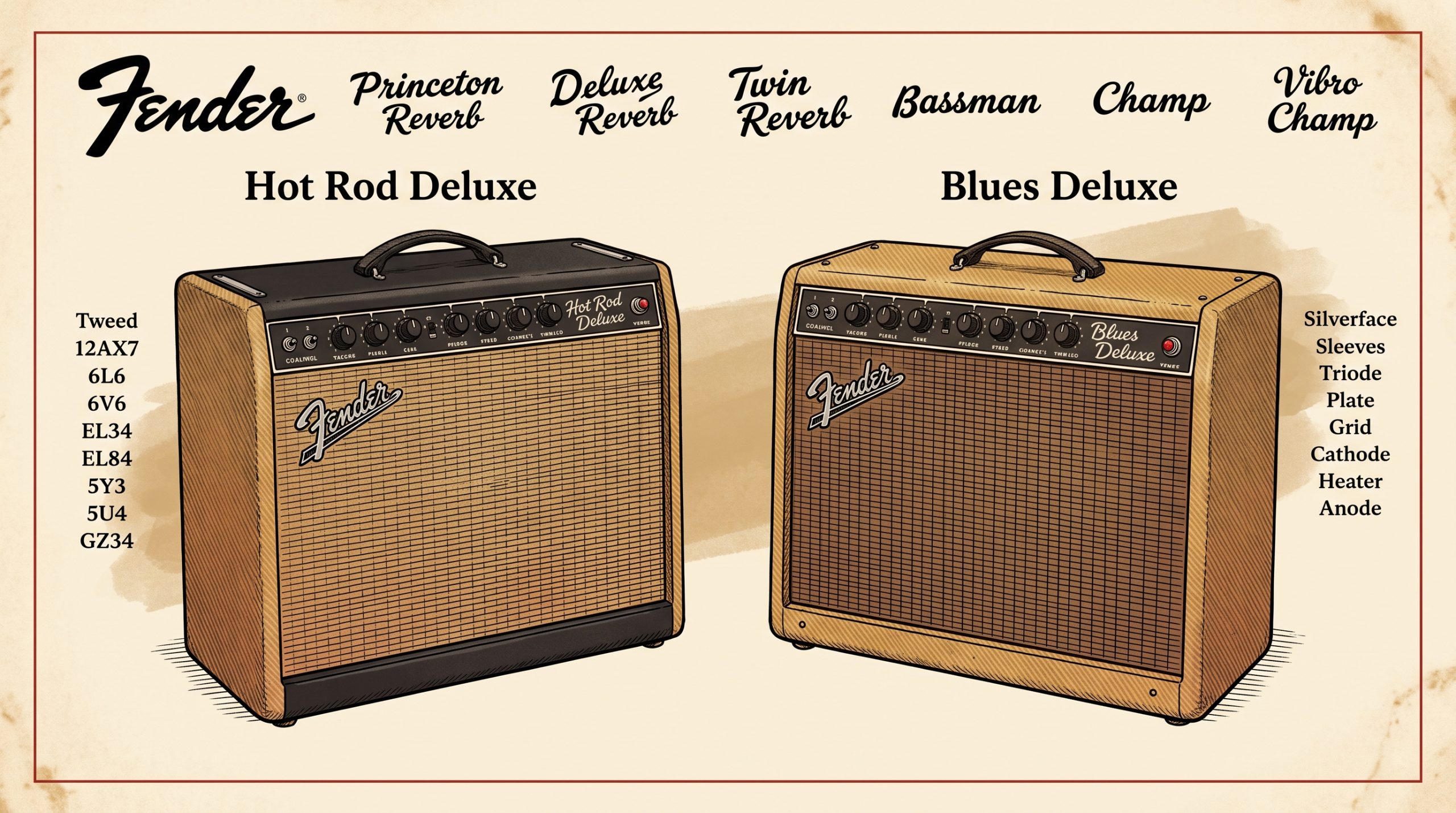 Fender Hot Rod Deluxe and Blues Deluxe 40-watt combo amplifiers front view