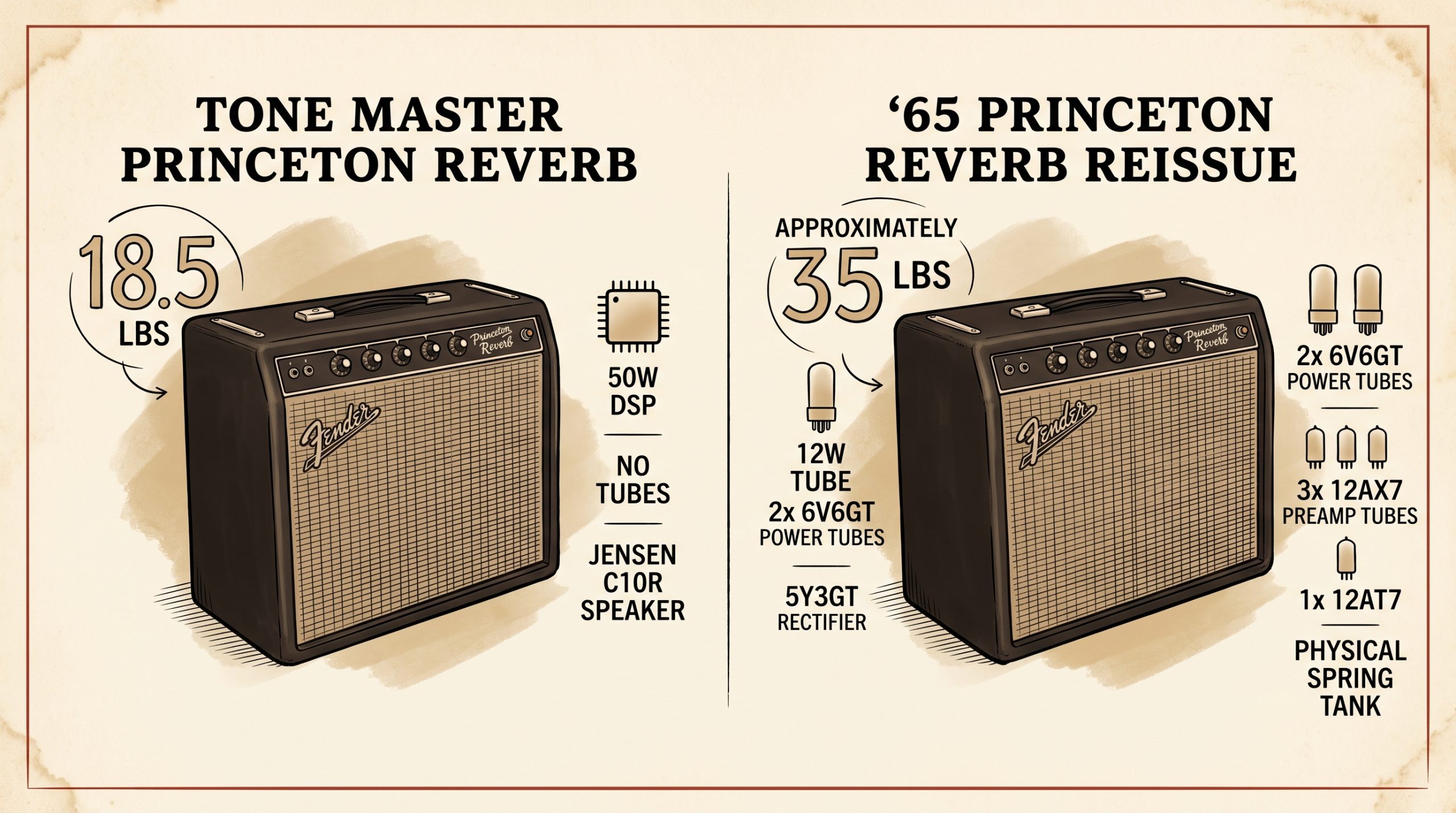 Tone Master Princeton Reverb vs 65 Princeton Reverb Reissue weight power tubes comparison