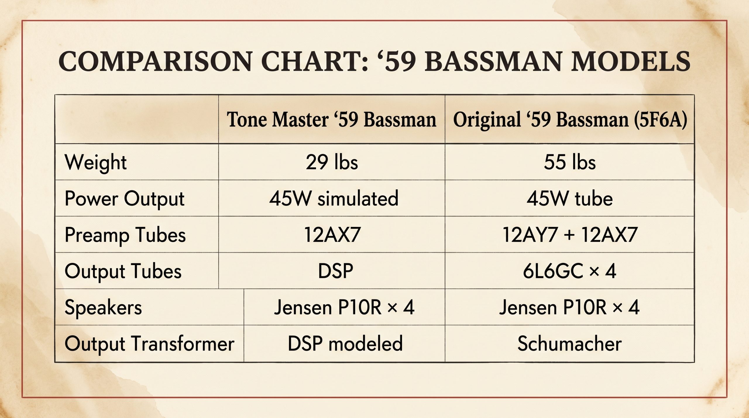 Tone Master '59 Bassman vs original 5F6A specifications comparison table
