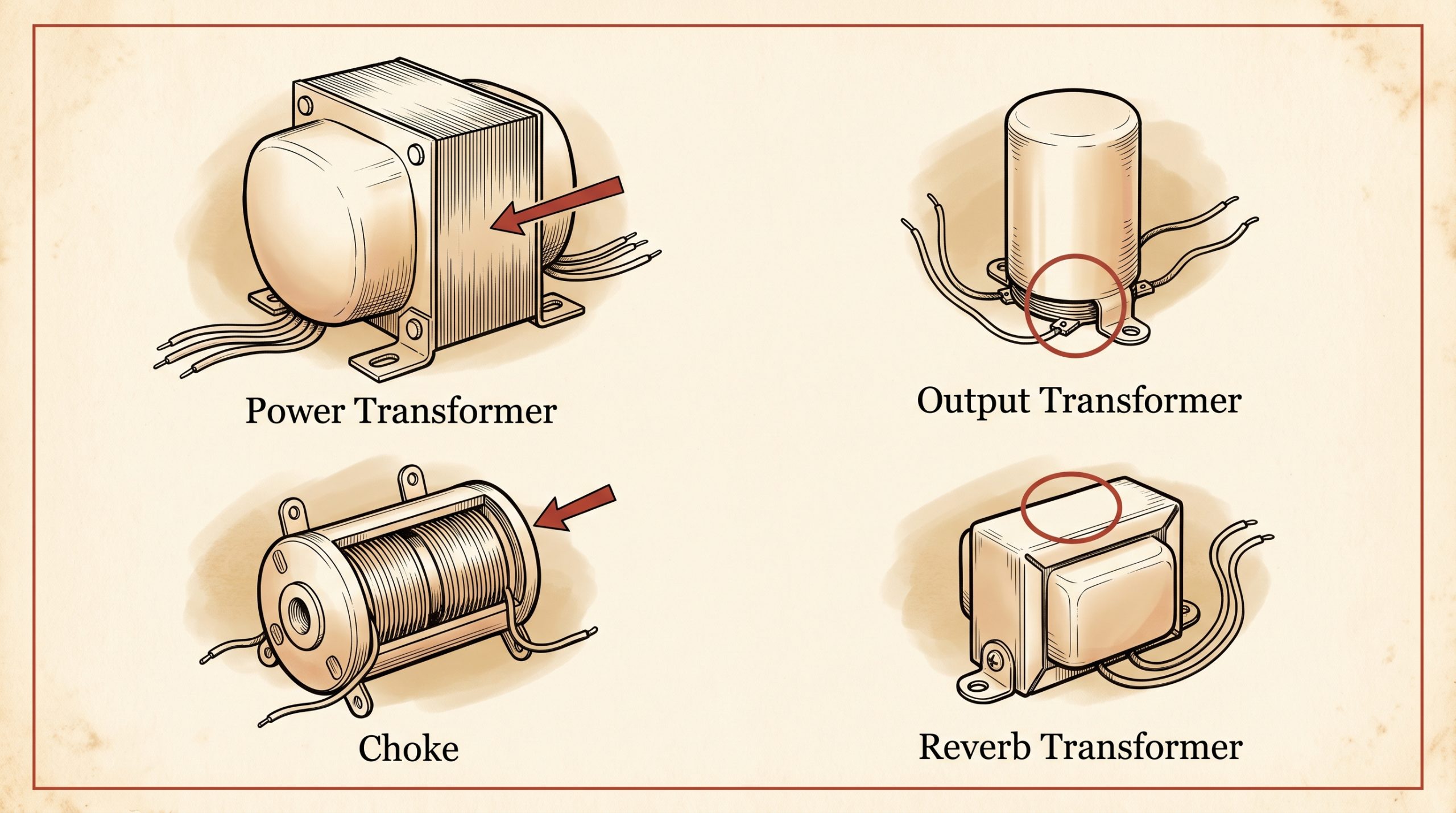 Power, output, choke, and reverb transformers in a Fender amp with date code stamp locations marked