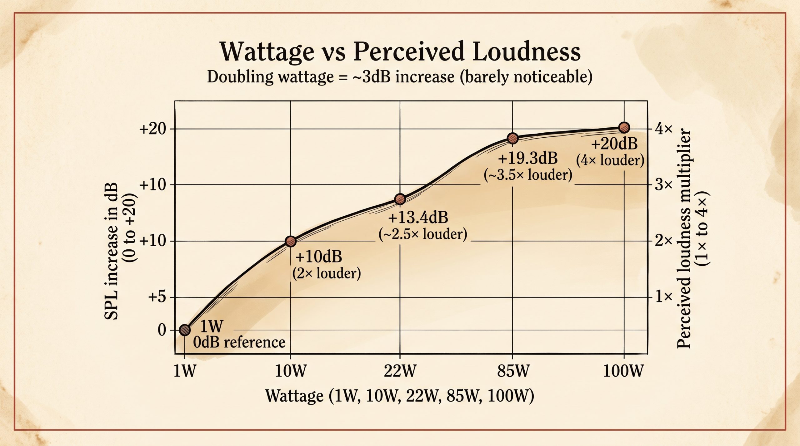 wattage to SPL decibel loudness perception chart 1W to 100W