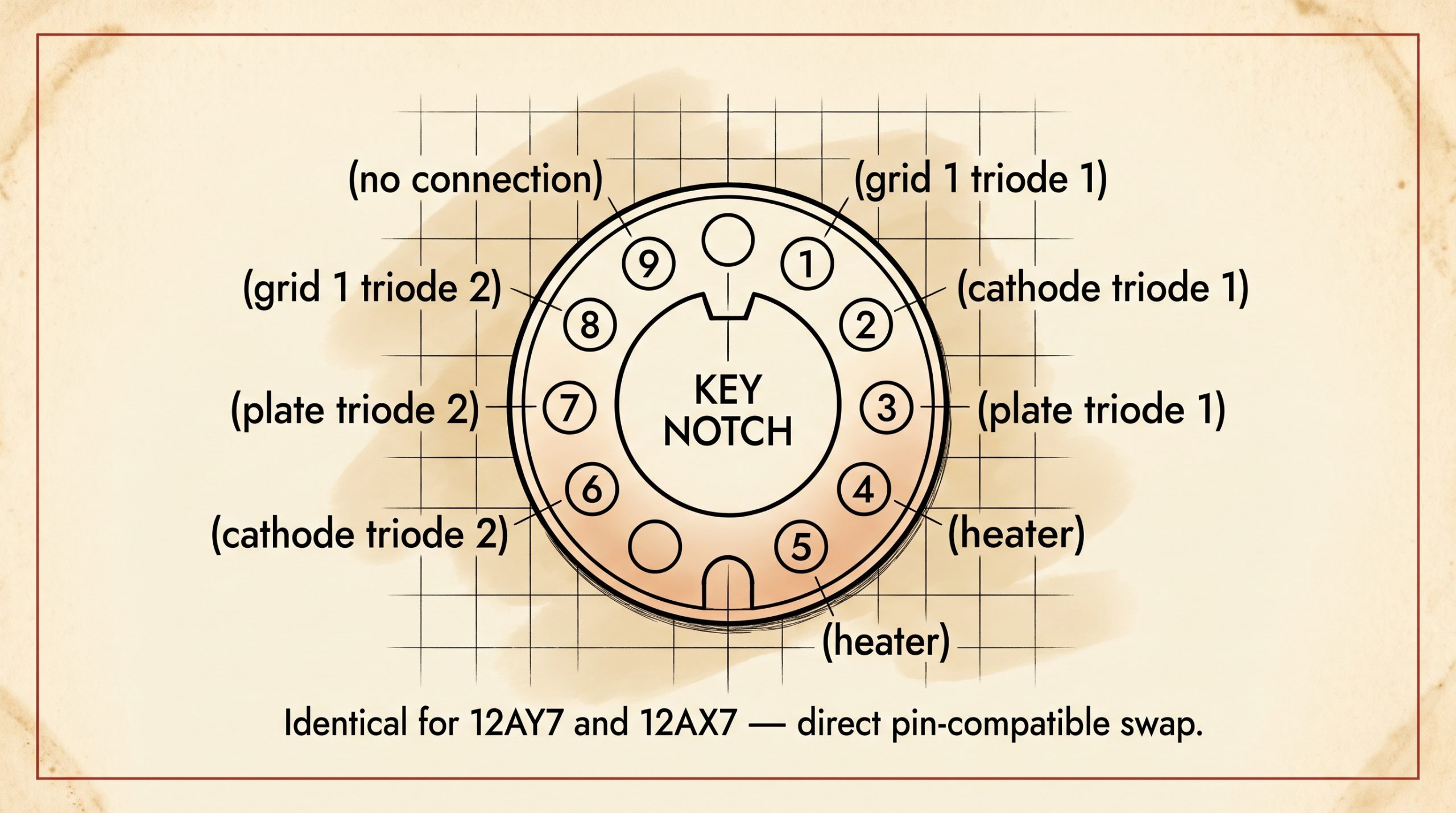 9-pin noval base pinout 12AY7 12AX7 tube socket diagram