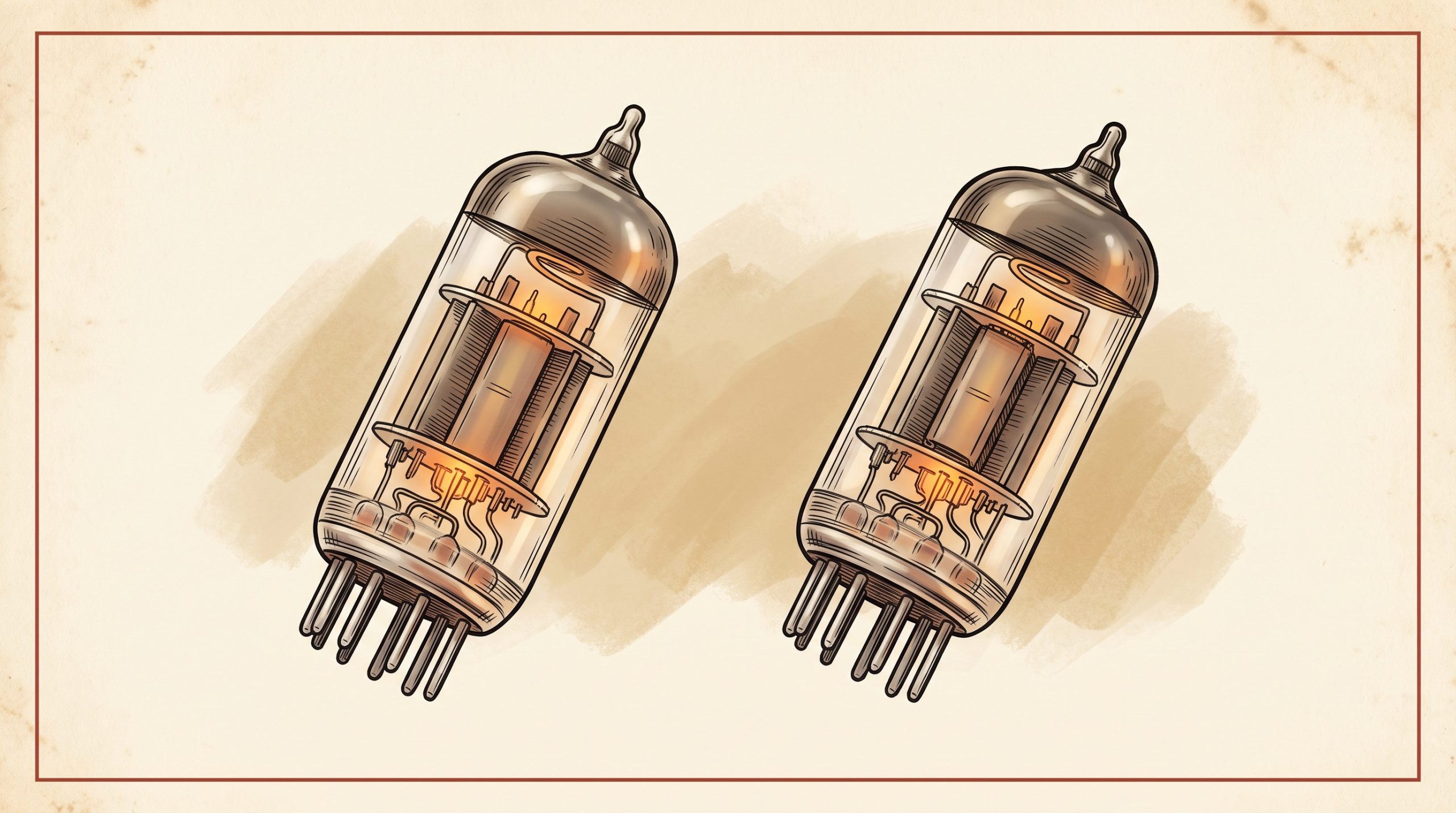 12AY7 and 12AX7 dual-triode preamp tubes side-by-side catalog illustration
