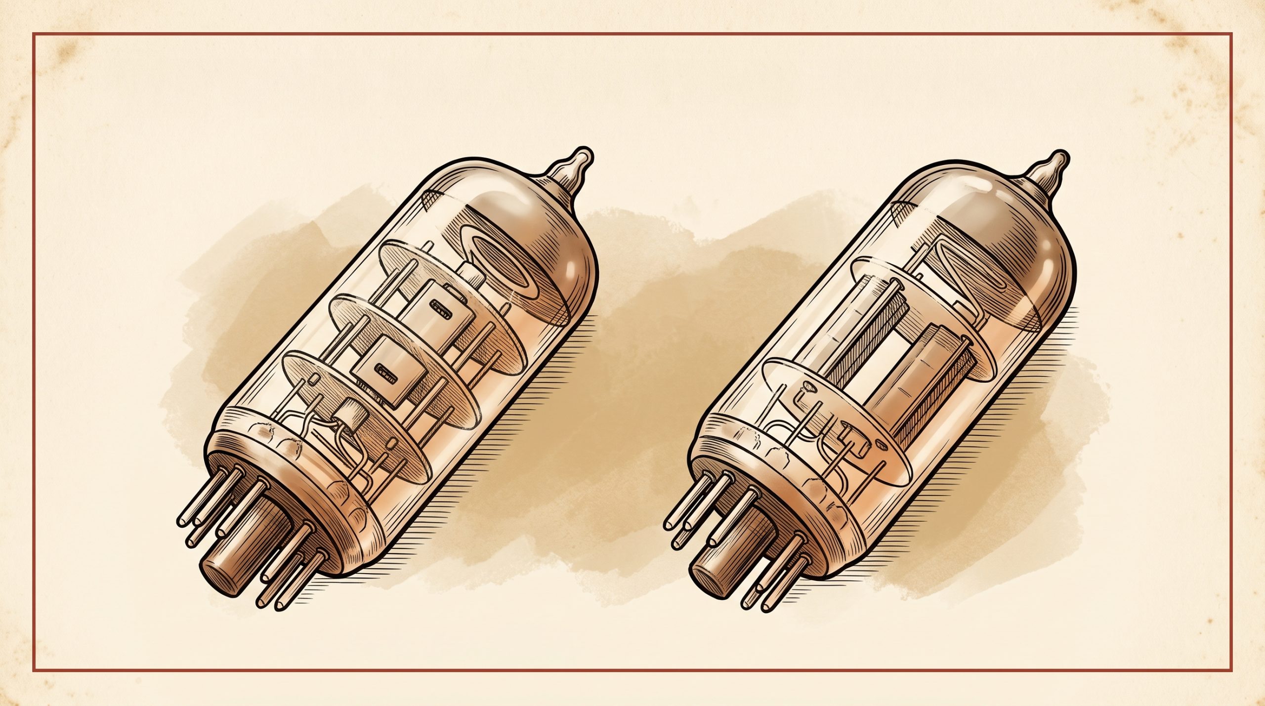 5751 and 12AX7 dual-triode preamp tubes side-by-side catalog illustration