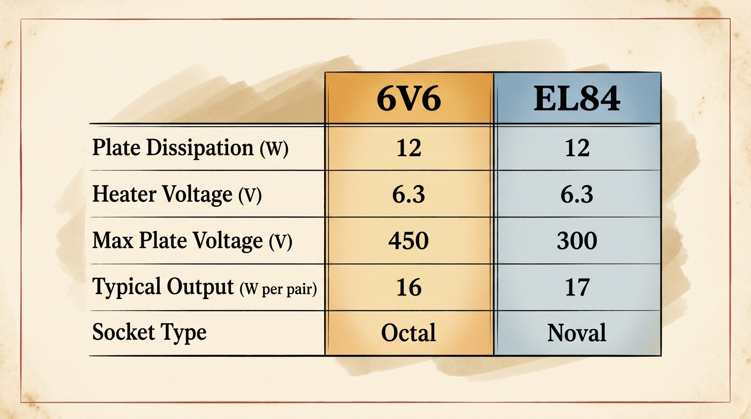 6V6 vs EL84 tube specifications plate dissipation voltage current comparison
