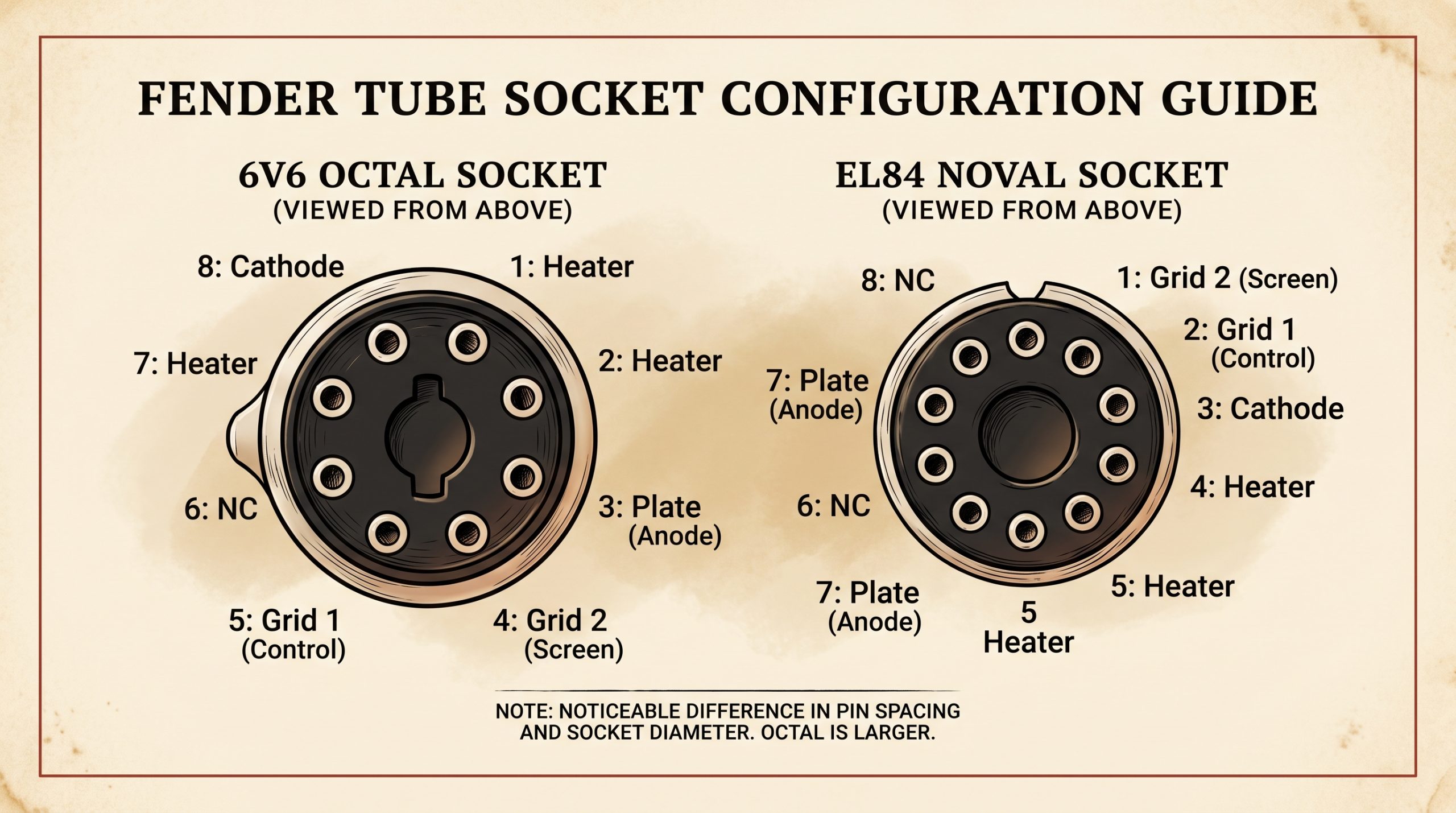 6V6 octal socket vs EL84 noval socket pinout diagram tube pins