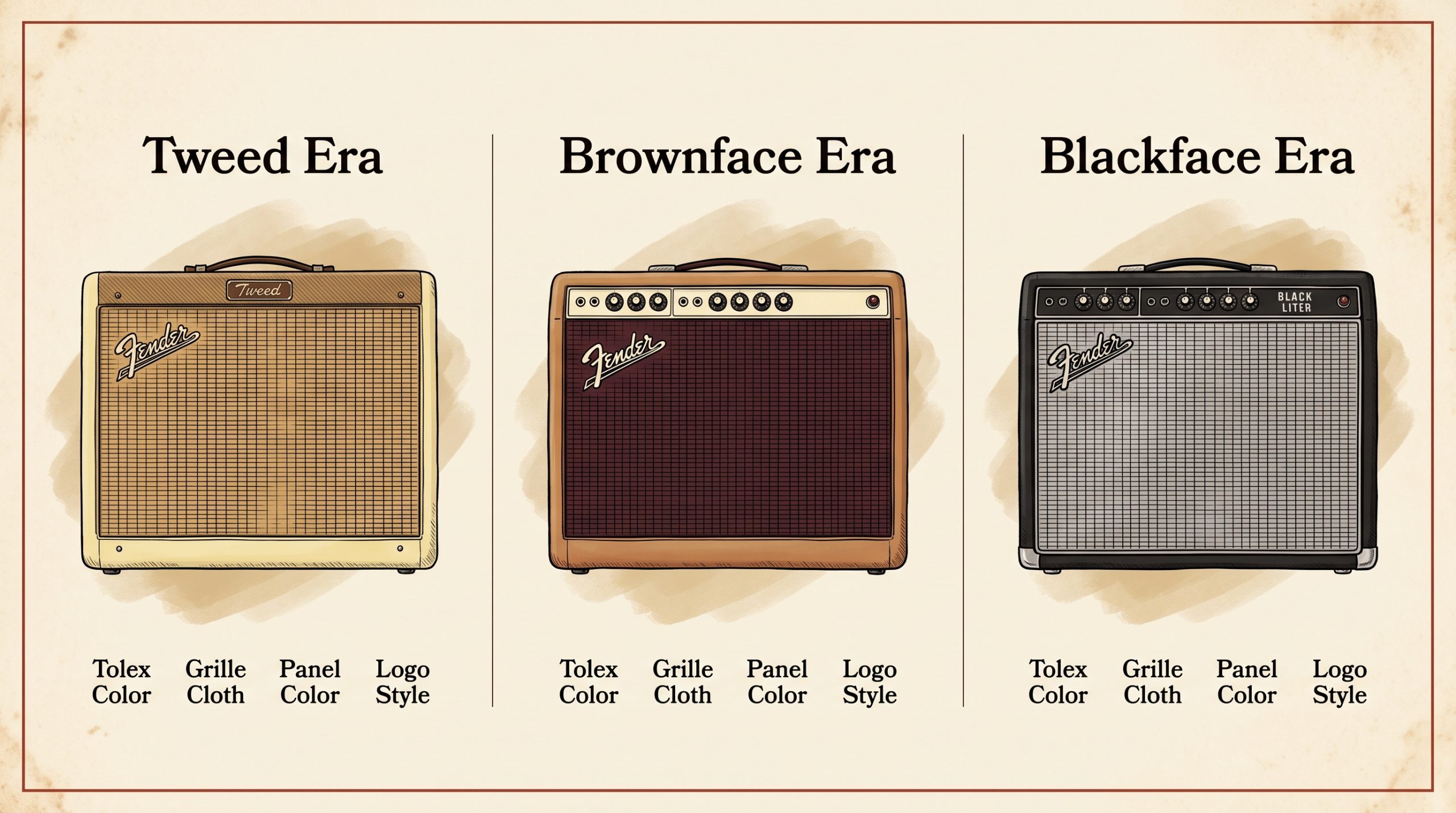 Fender amp cosmetics comparison tweed brown tolex oxblood grille blackface