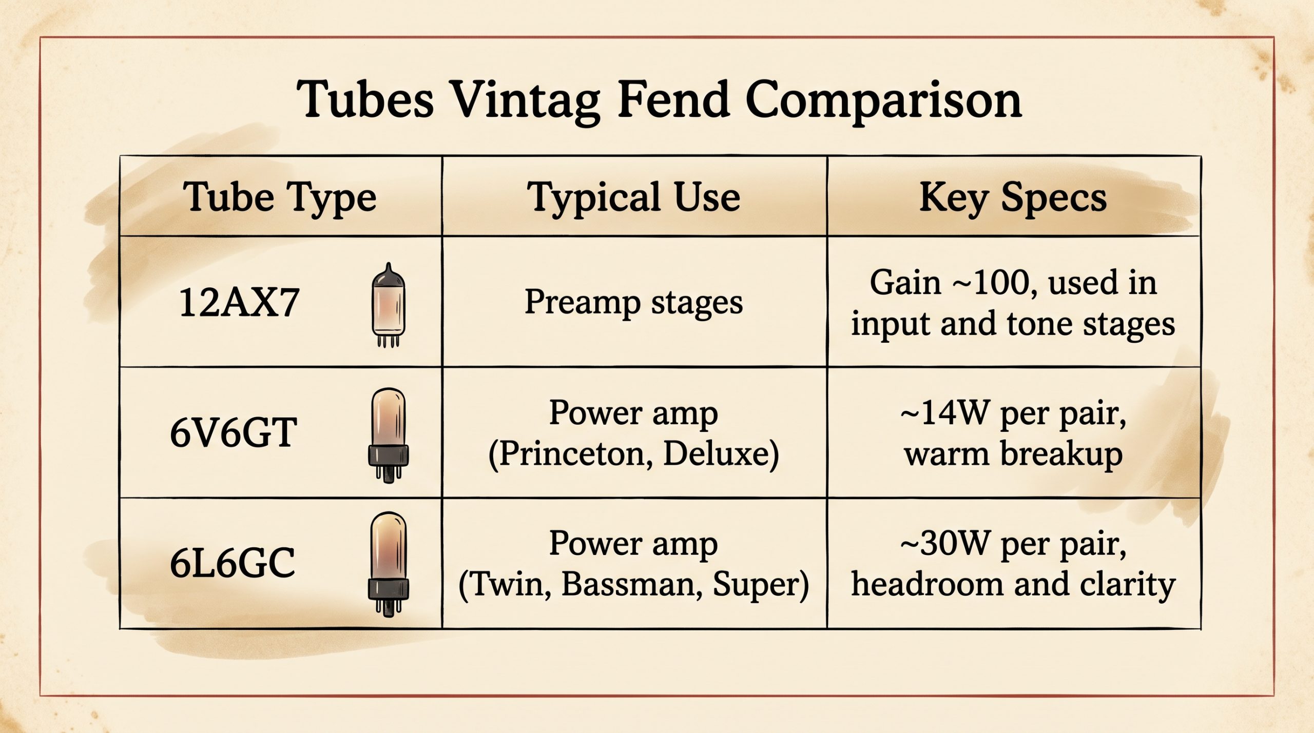 Fender preamp power tubes 12AX7 6V6 6L6 specifications comparison
