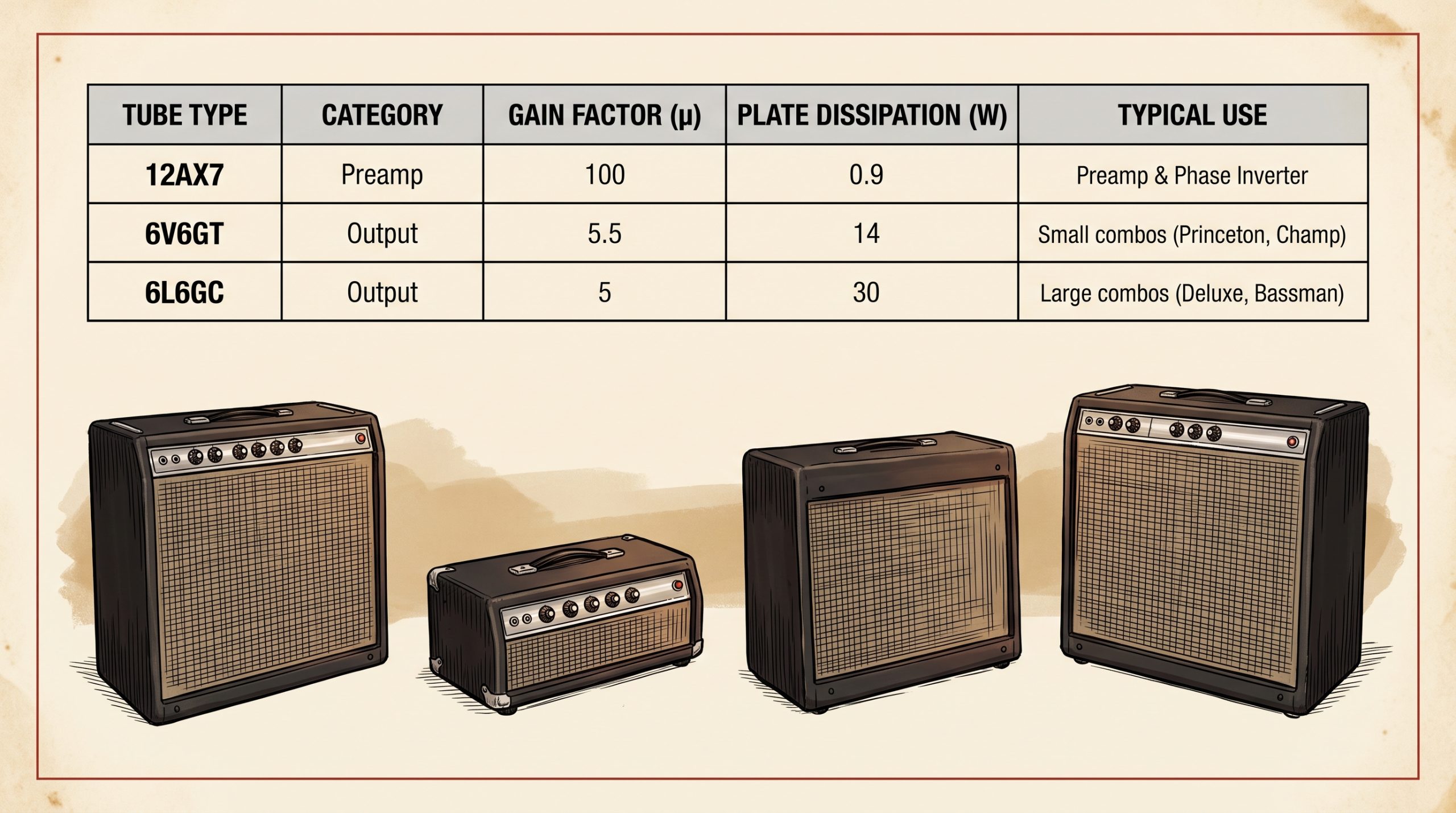 Comparison chart of 12AX7, 6V6GT, and 6L6GC tube specifications including gain and plate dissipation