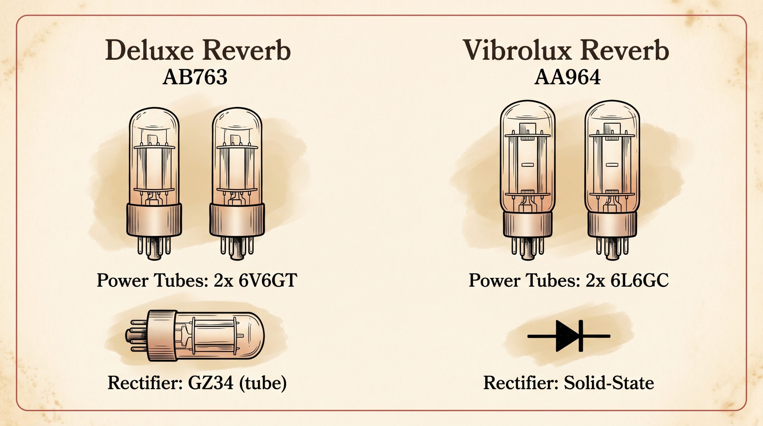 Deluxe Reverb 6V6GT GZ34 vs Vibrolux Reverb 6L6GC GZ34 rectifier tube chart
