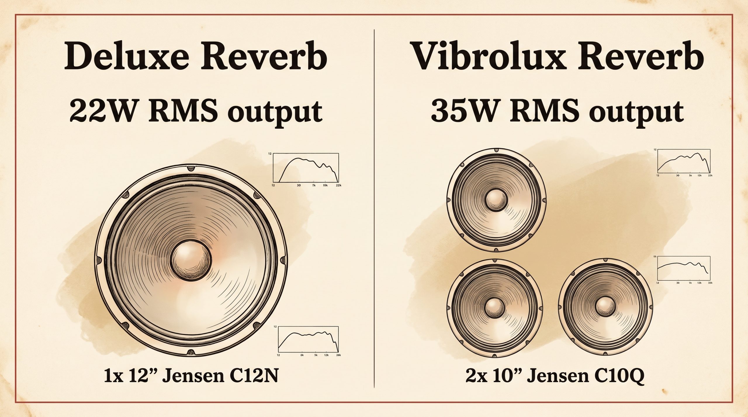 Deluxe Reverb 22W 1x12 Jensen C12N vs Vibrolux Reverb 35W 2x10 Jensen C10Q speaker layout