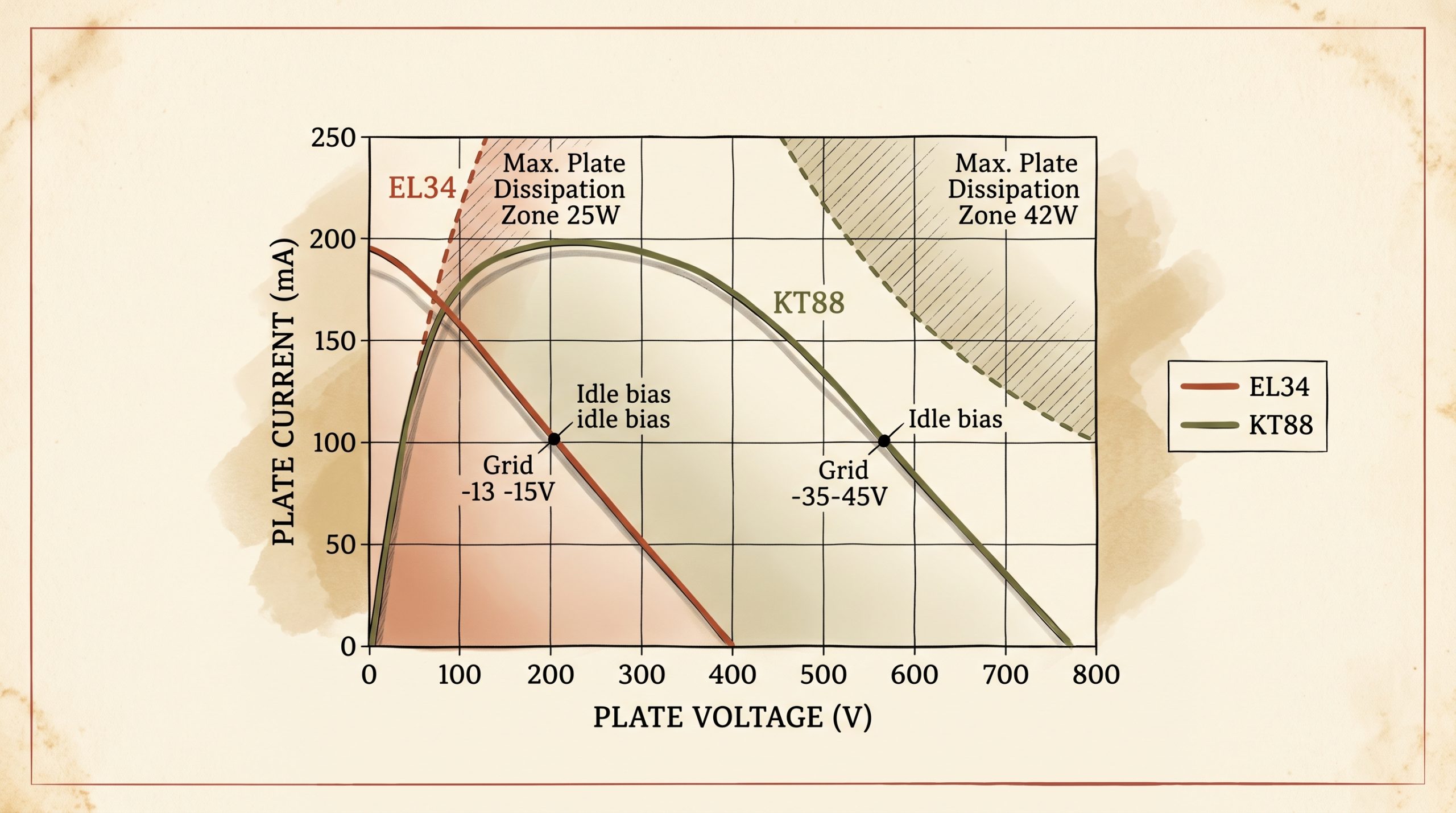 EL34 vs KT88 bias voltage and plate dissipation operating point diagram
