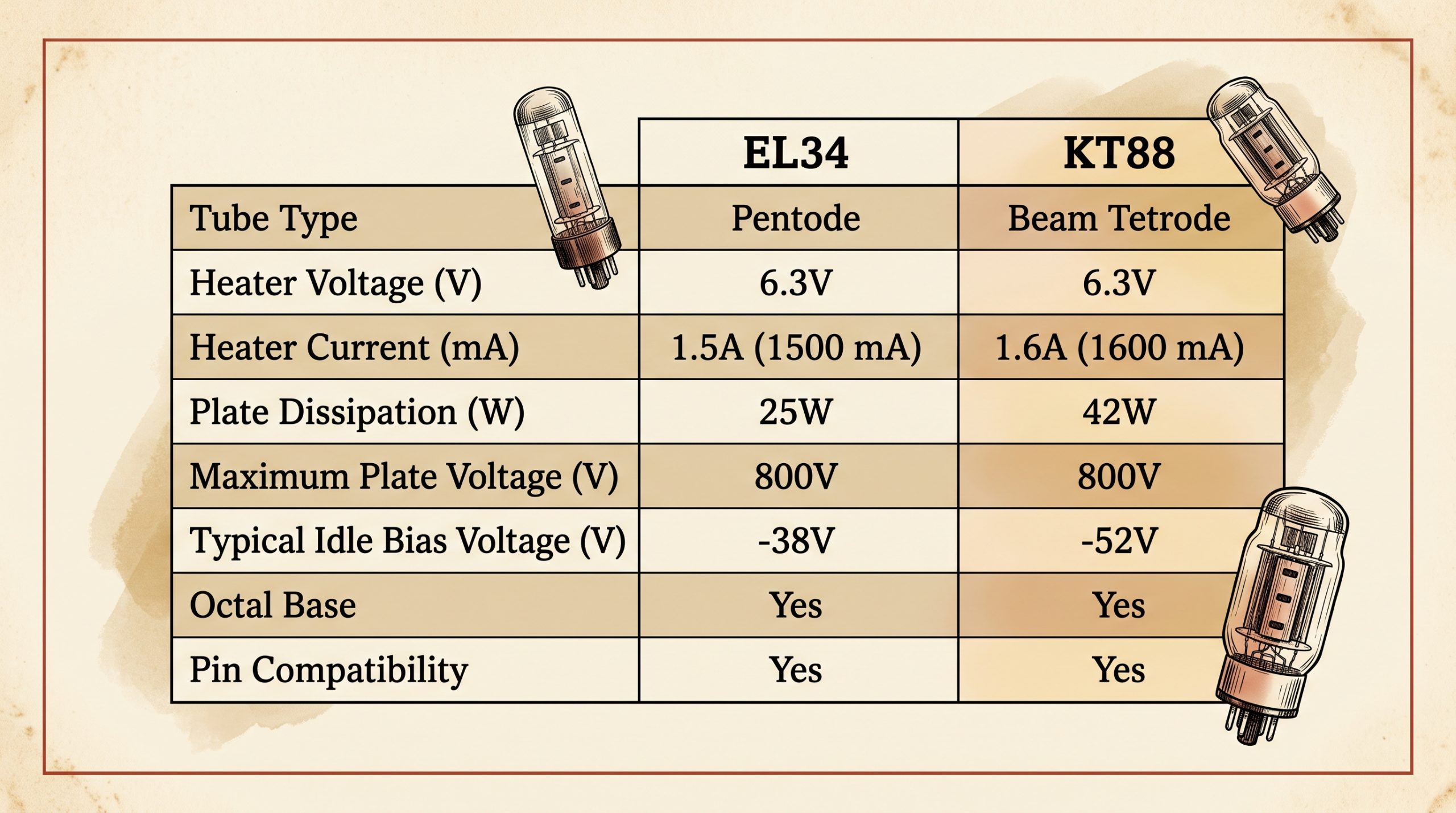 EL34 KT88 specifications heater voltage plate dissipation bias requirements table