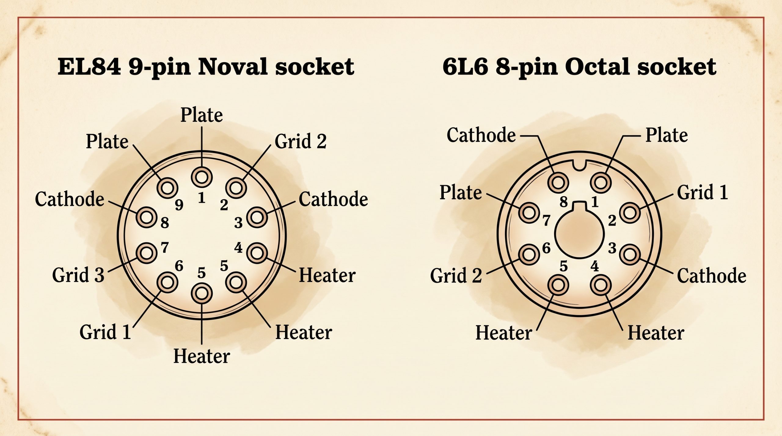 EL84 9-pin Noval and 6L6 8-pin Octal socket pinout schematic