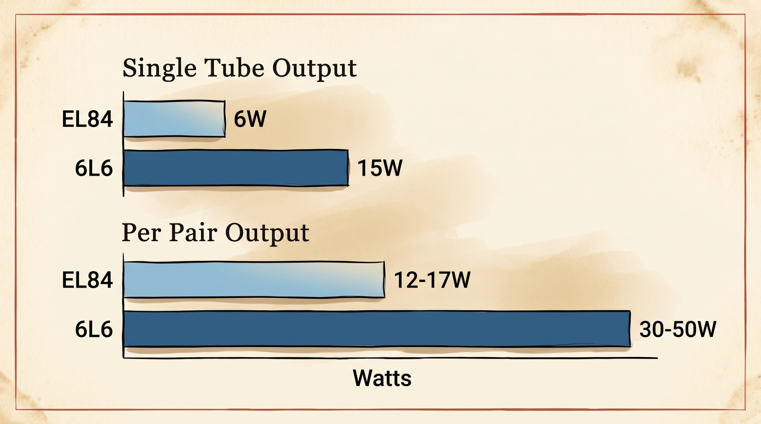 EL84 versus 6L6 output power watts per tube and per pair bar chart
