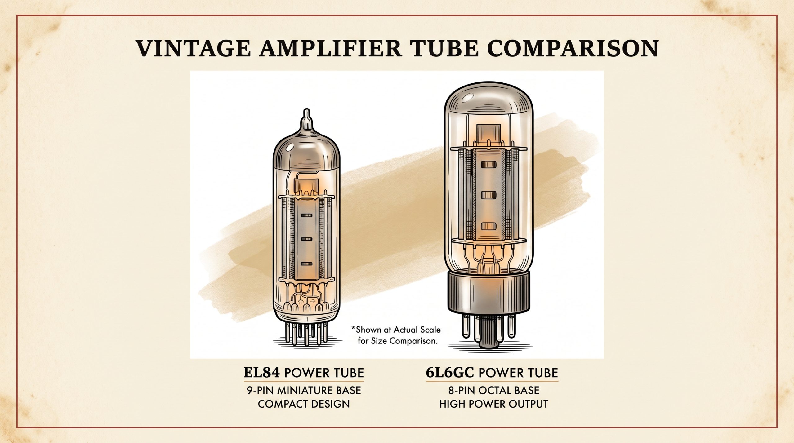 EL84 and 6L6 vacuum tubes side-by-side physical comparison