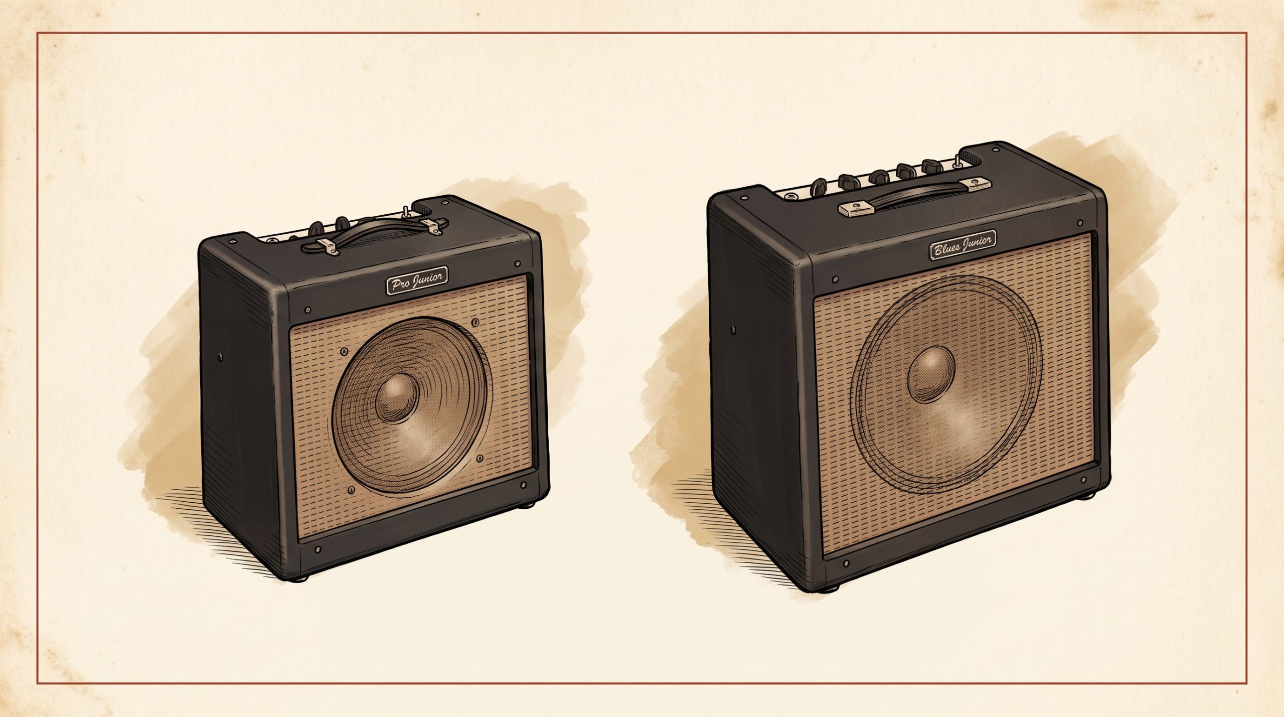 Fender Pro Junior IV and Blues Junior IV amplifiers side-by-side catalog illustration