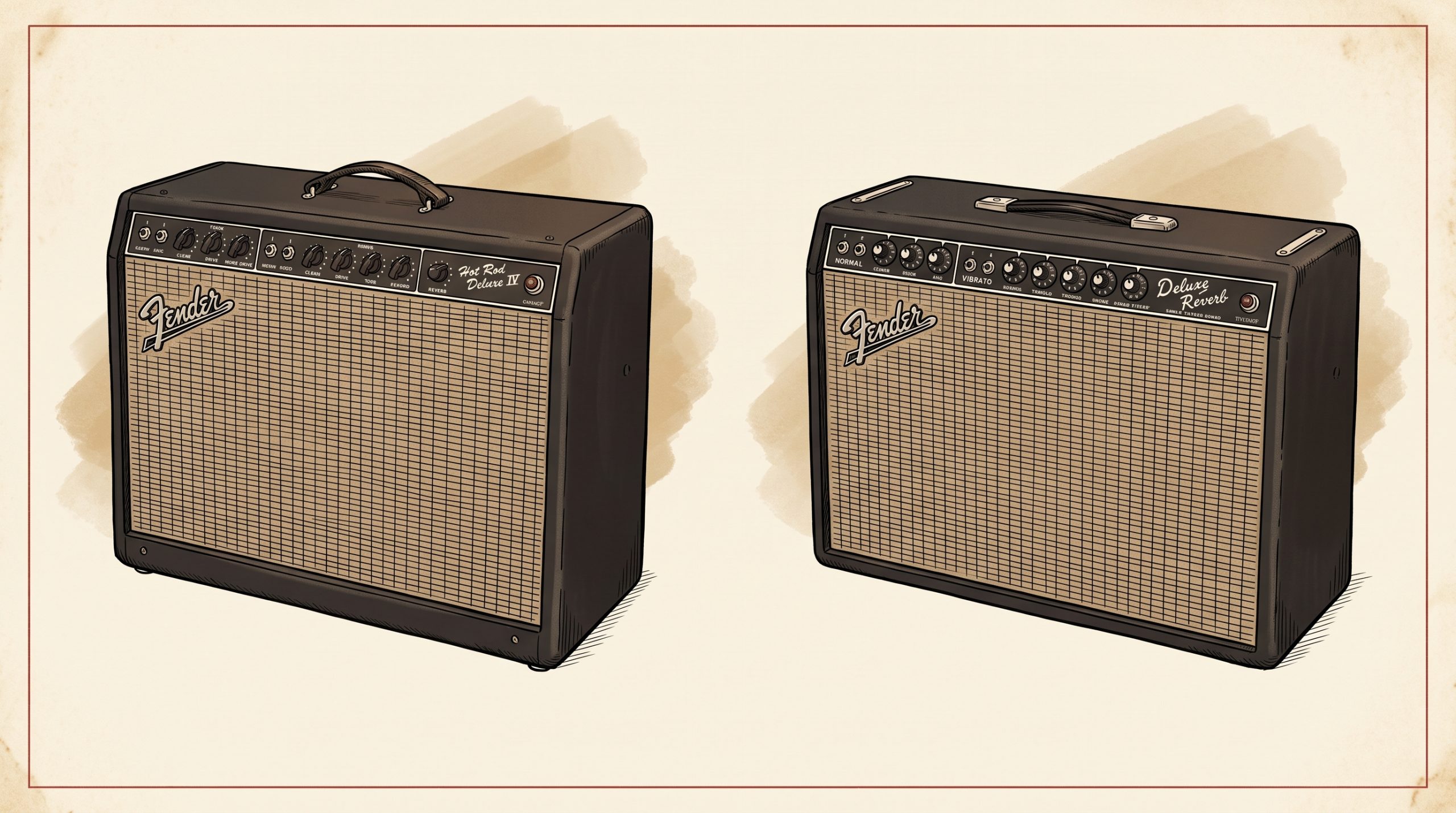 Fender Hot Rod Deluxe IV and '65 Deluxe Reverb Reissue combo amplifiers side by side