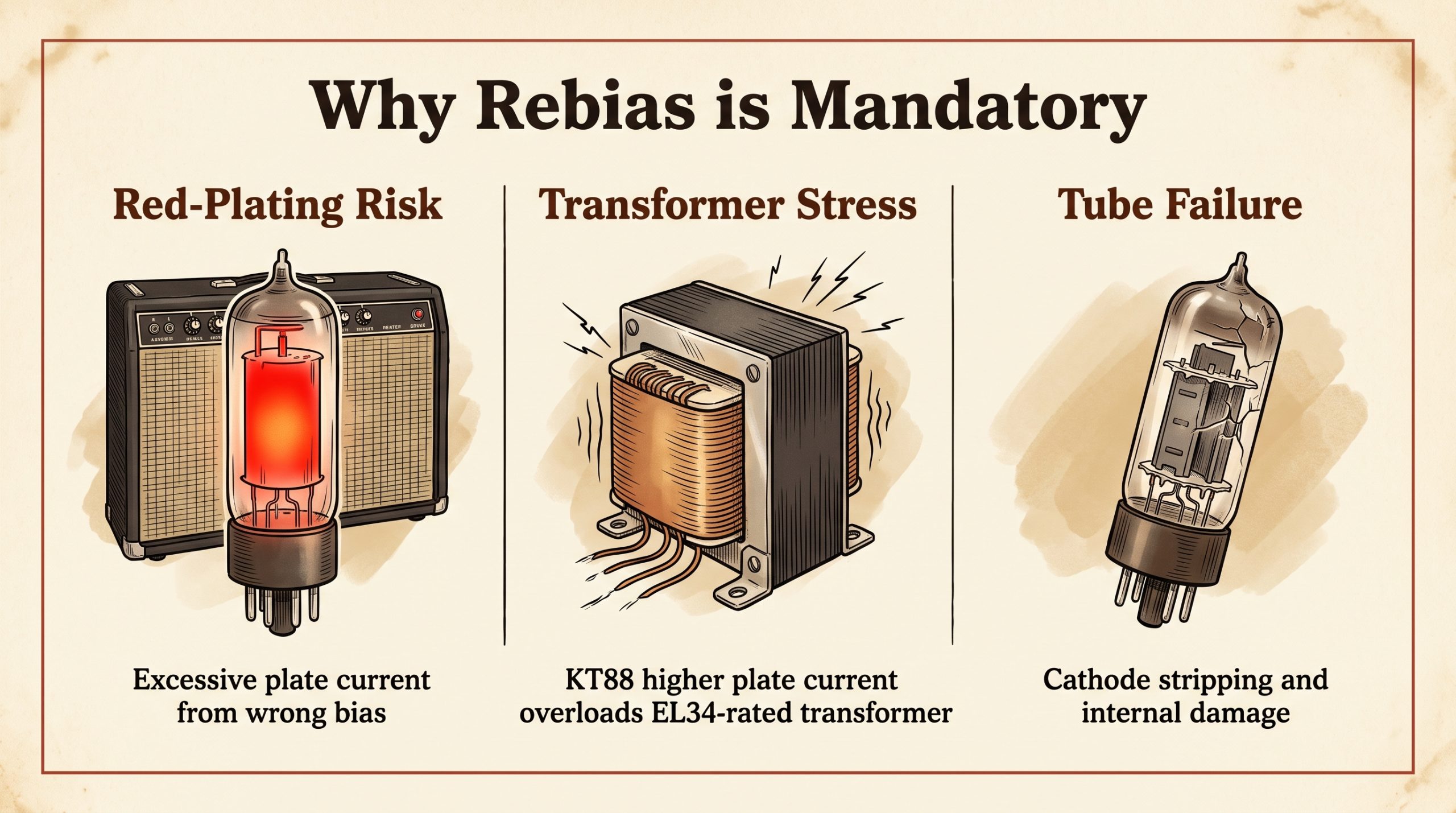 EL34 to KT88 swap risks transformer stress red-plating bias failure infographic