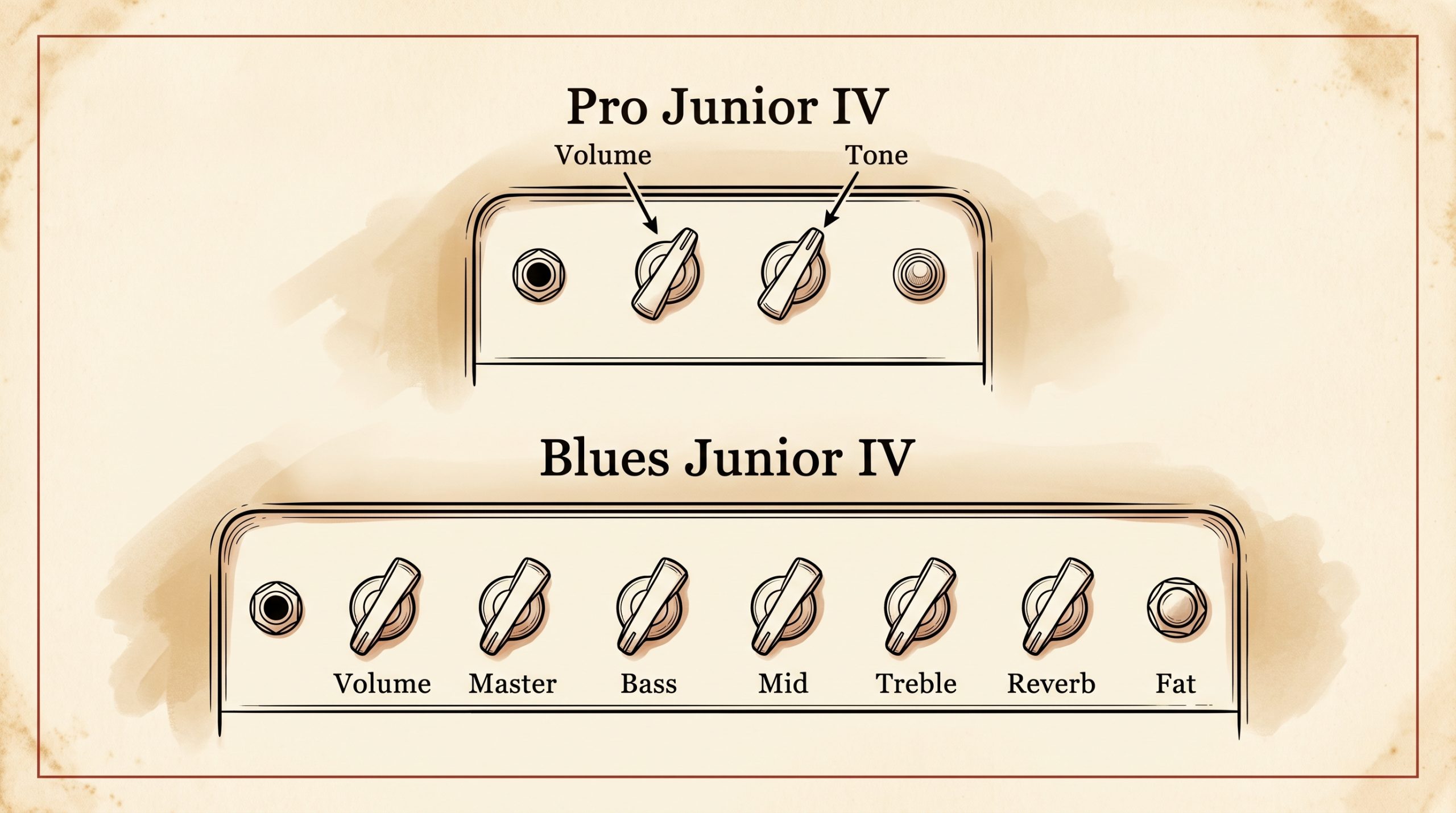 Front panel control layout diagram comparing the Pro Junior and Blues Junior control sets