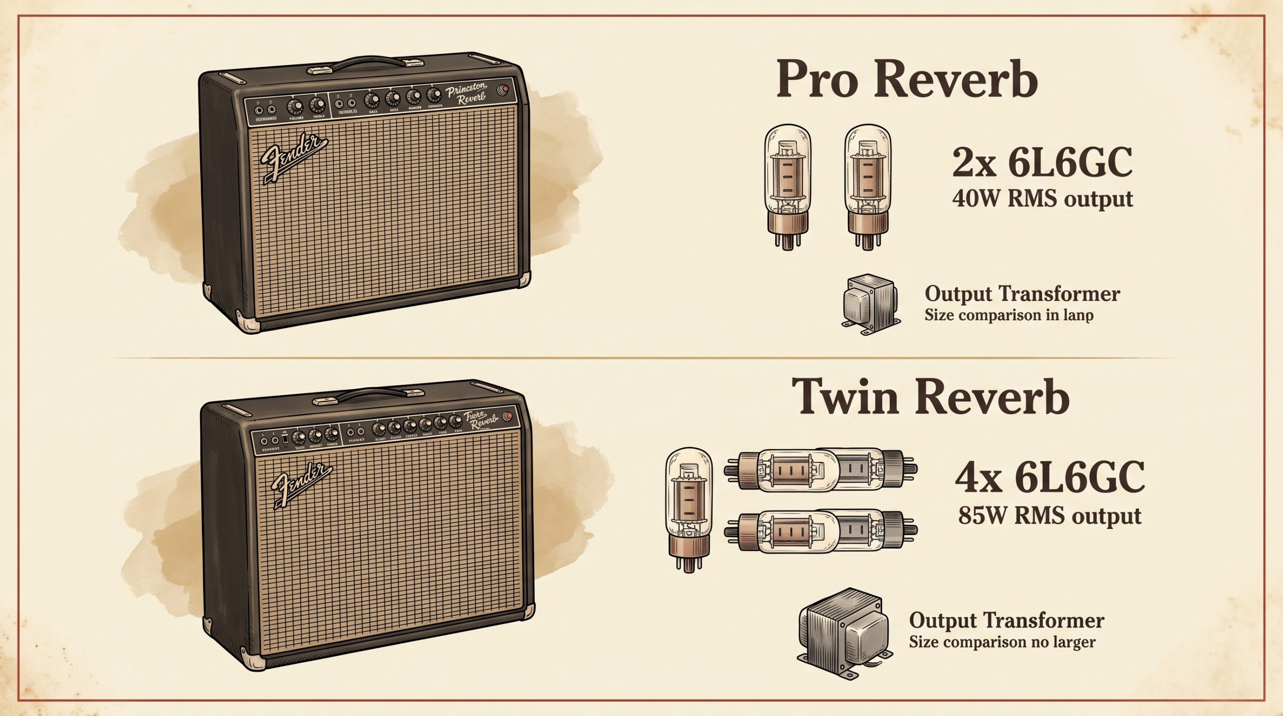 pro reverb 2x6l6gc 40w vs twin reverb 4x6l6gc 85w output tube comparison