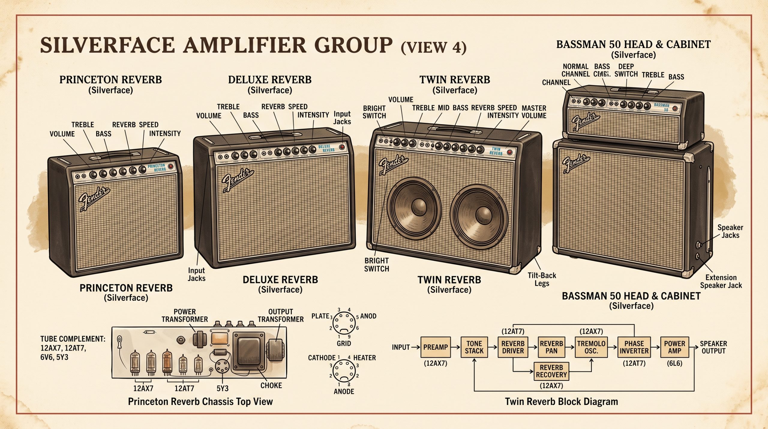 Silverface Princeton Reverb, Deluxe Reverb, Twin Reverb, and Bassman 50 with chassis and signal-flow diagrams
