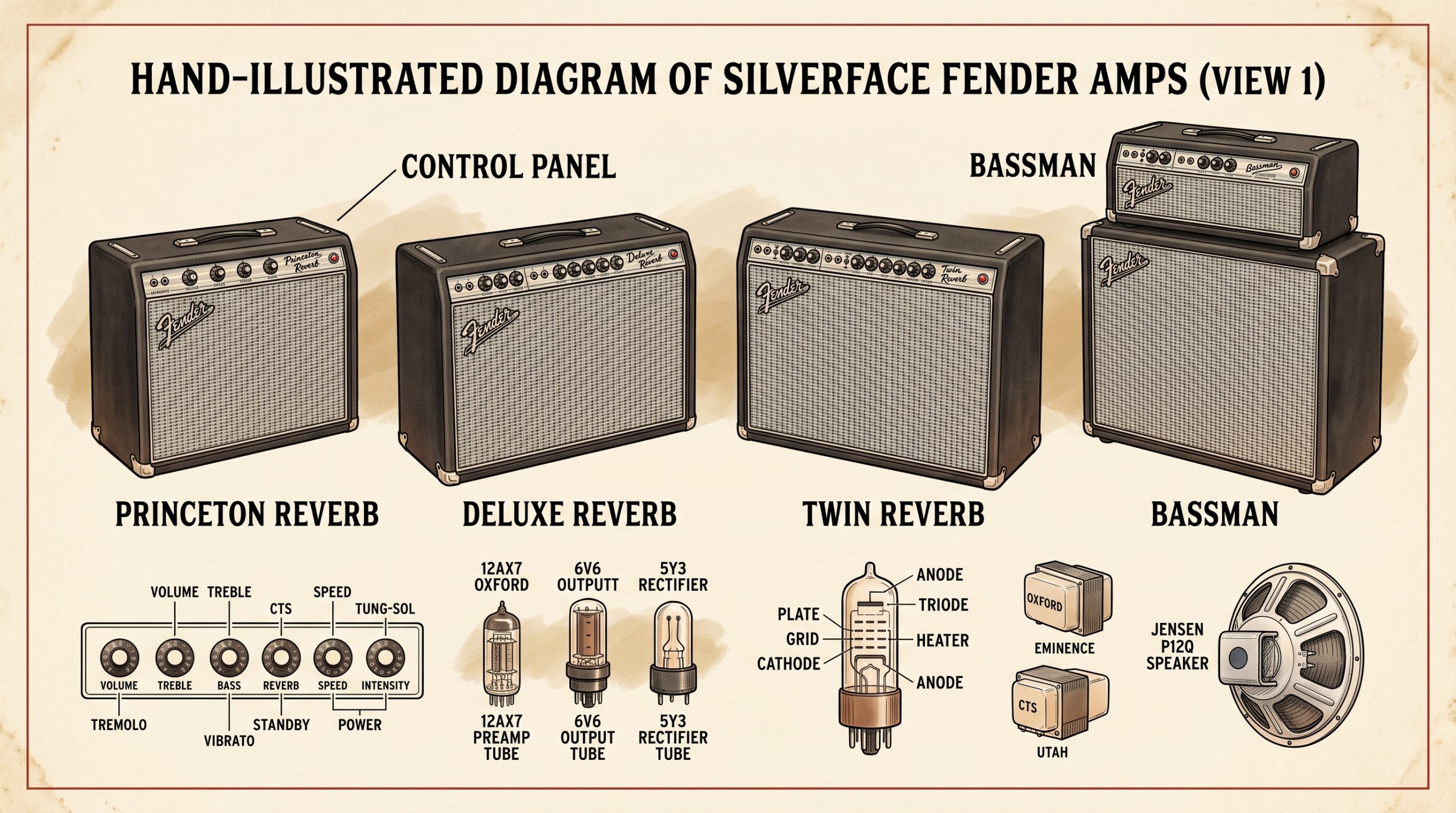Illustrated silverface Fender Princeton Reverb, Deluxe Reverb, Twin Reverb, and Bassman with control panel and tube labels