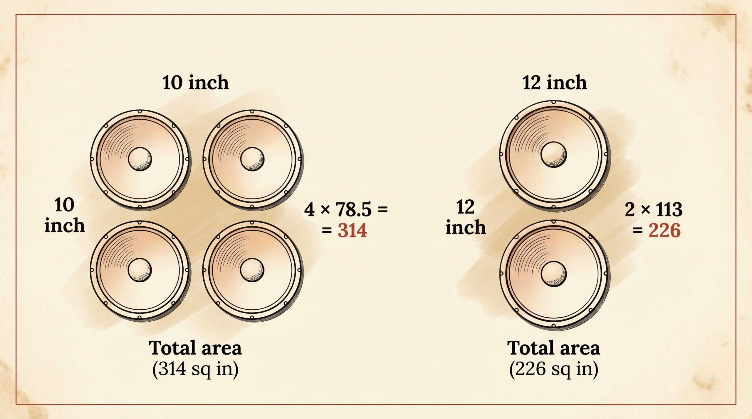super reverb 4x10 vs twin reverb 2x12 speaker cone area square inches comparison