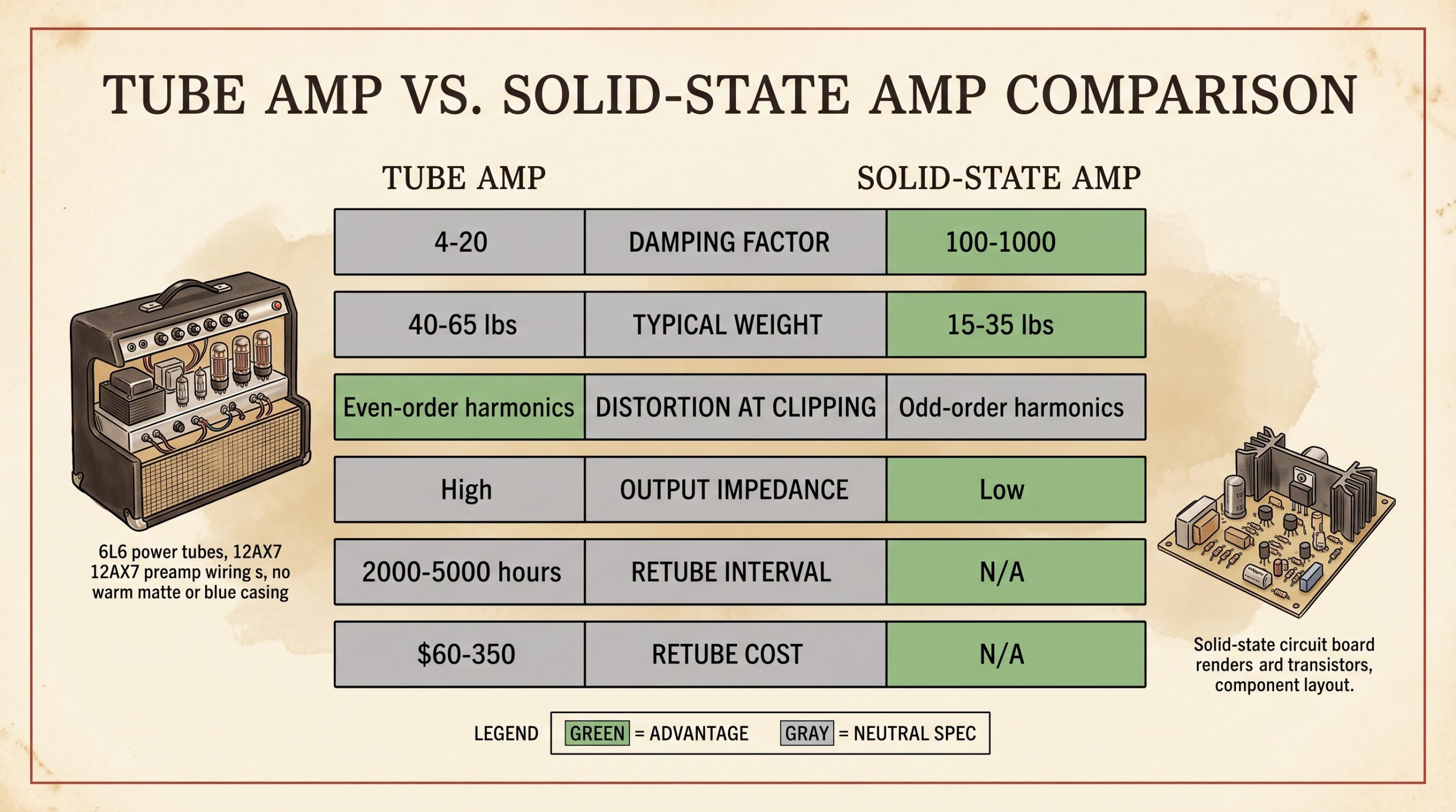 tube amp solid-state damping factor weight distortion harmonic content comparison chart
