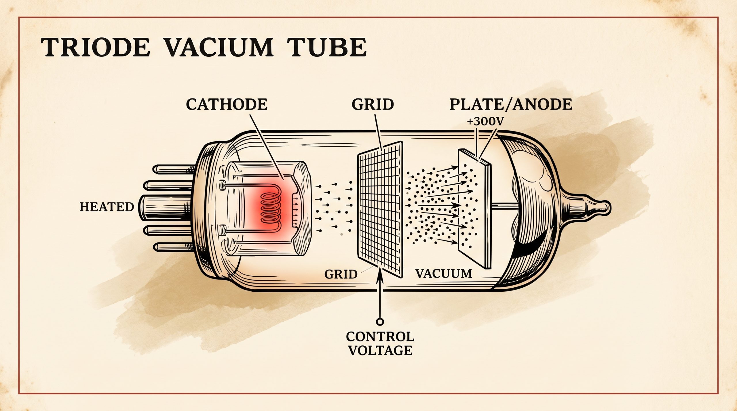 Cutaway diagram of a triode vacuum tube showing electron flow from cathode through grid to plate
