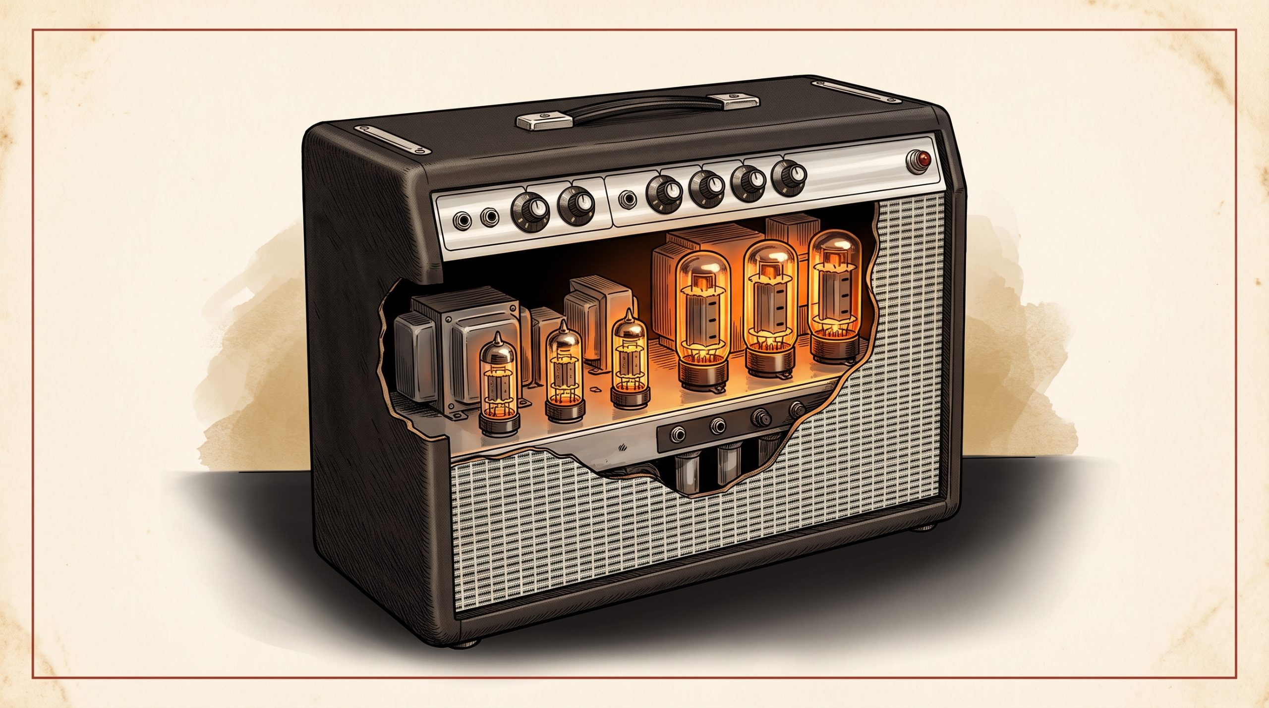 vintage Fender tube amplifier with glowing vacuum tubes backlit warm amber