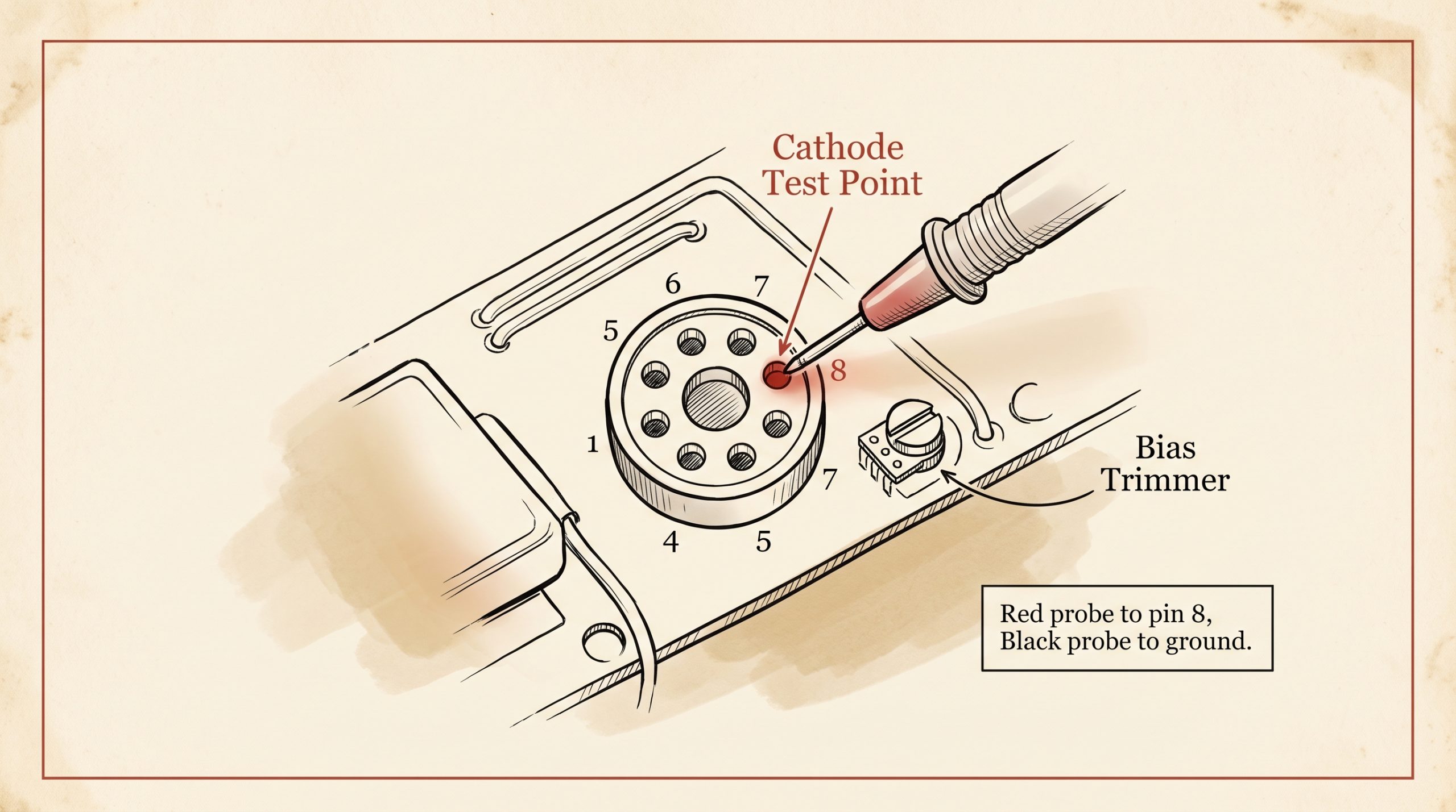 AB763-family Fender chassis cathode resistor test point at pin 8 with multimeter probe placement