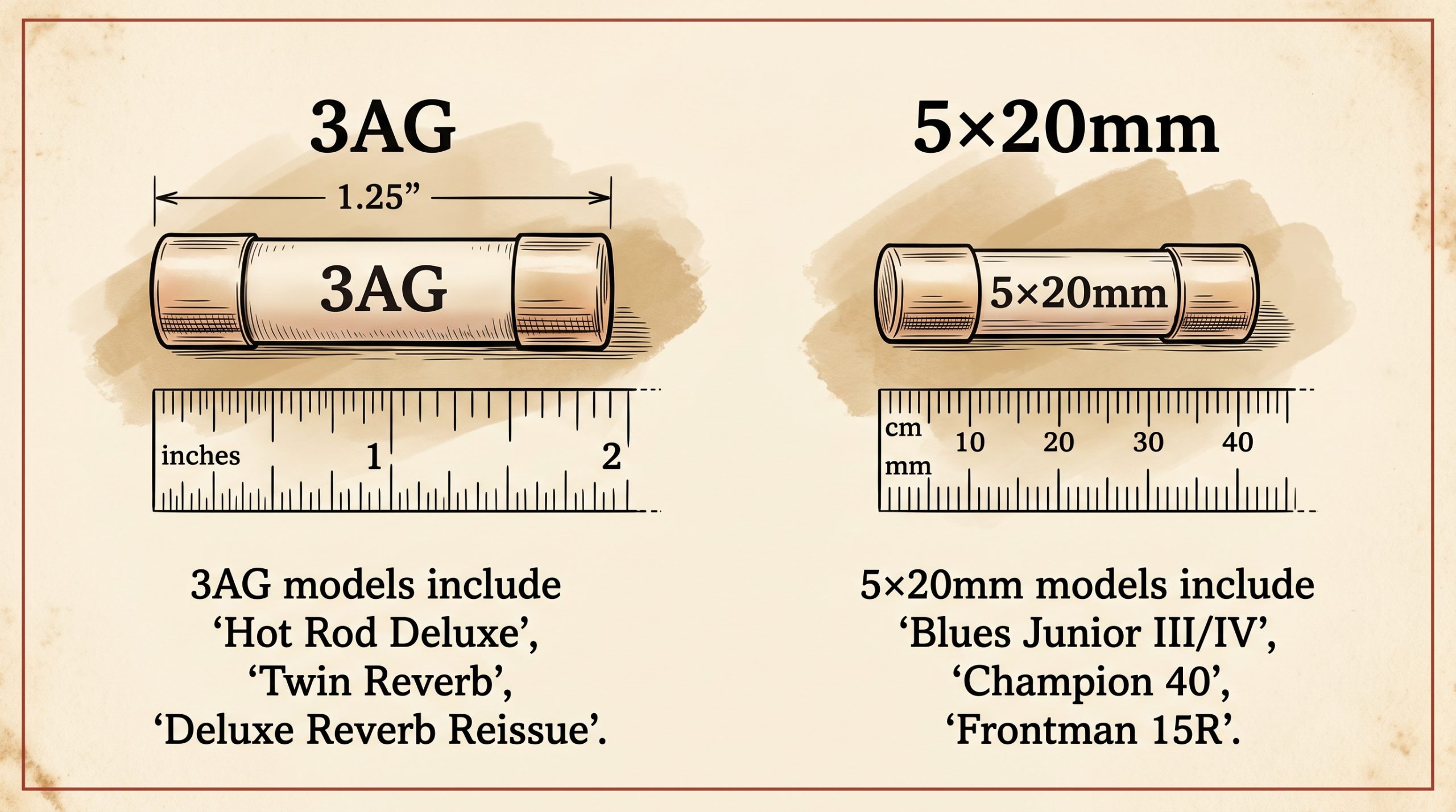 3AG vs 5x20mm fuse types side-by-side with dimensions and Fender amp models