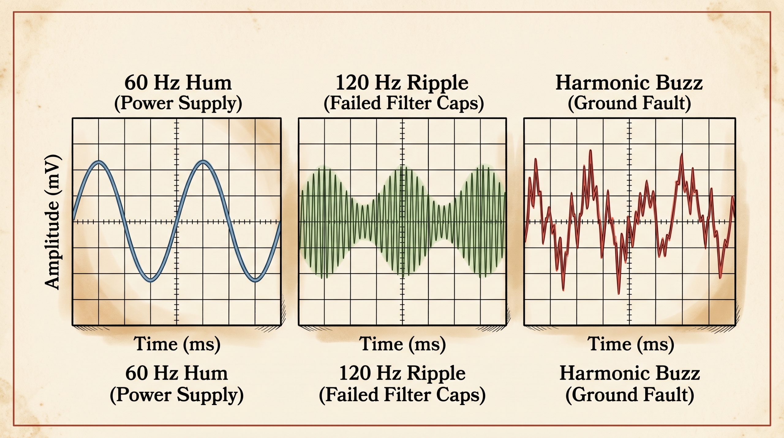 oscilloscope waveforms 60 Hz hum 120 Hz ripple harmonic buzz comparison