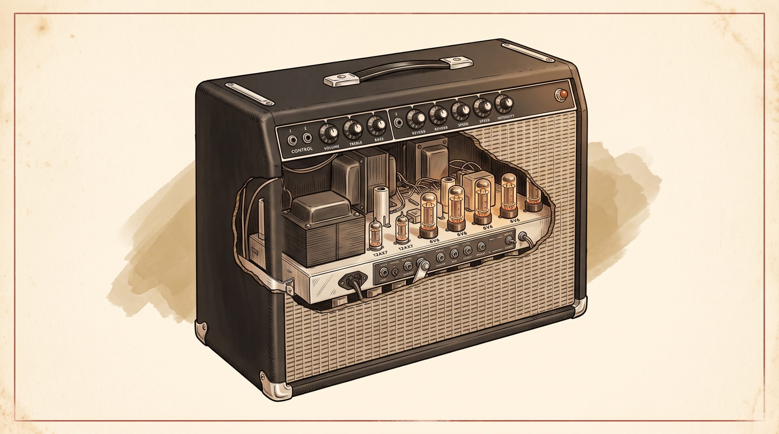 vintage fender tube amplifier with hum diagnostic flowchart overlay