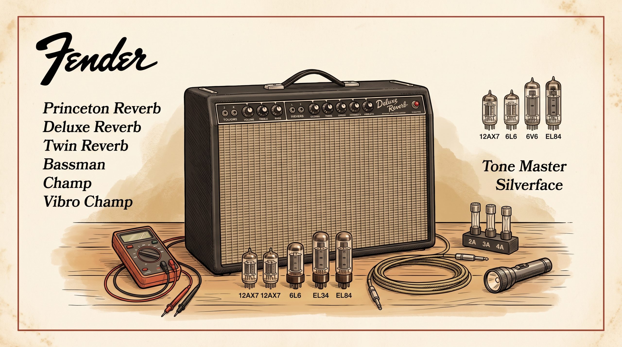 Fender tube amp on workbench with multimeter, spare fuses, tubes, and cable