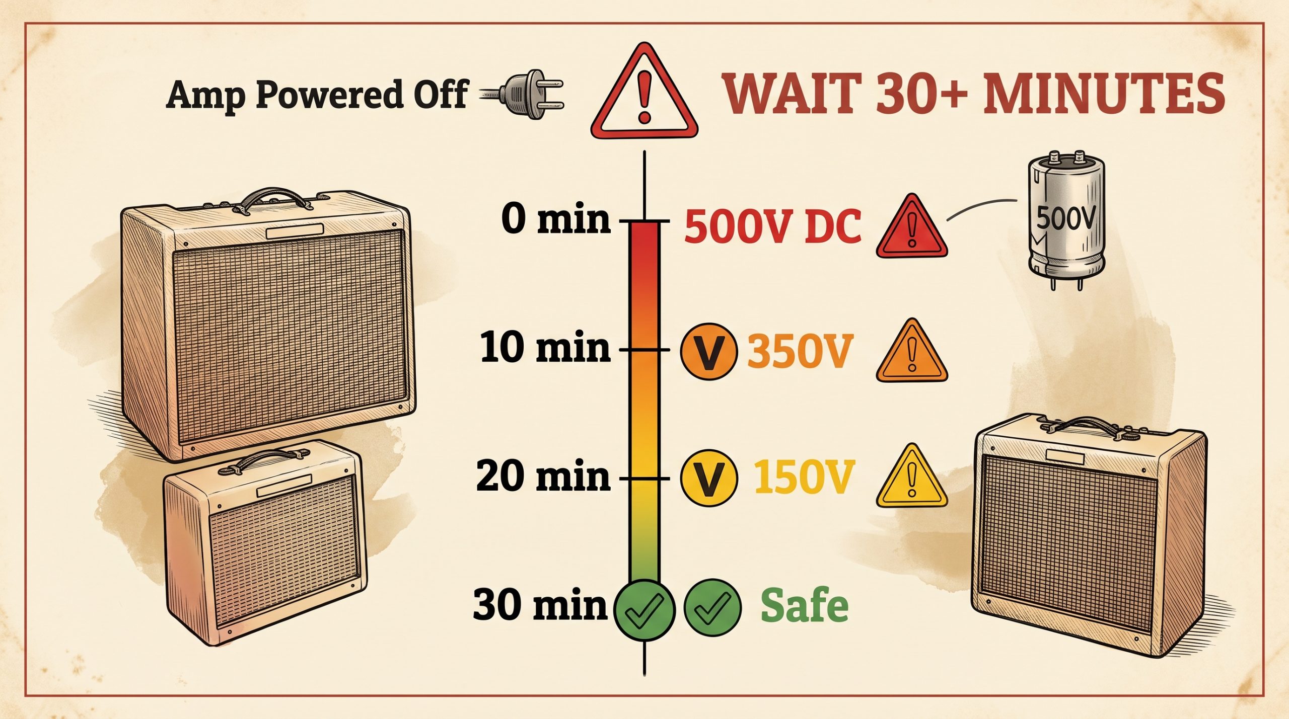 Tube amp filter capacitor discharge timeline: 30 minutes minimum to safe voltage