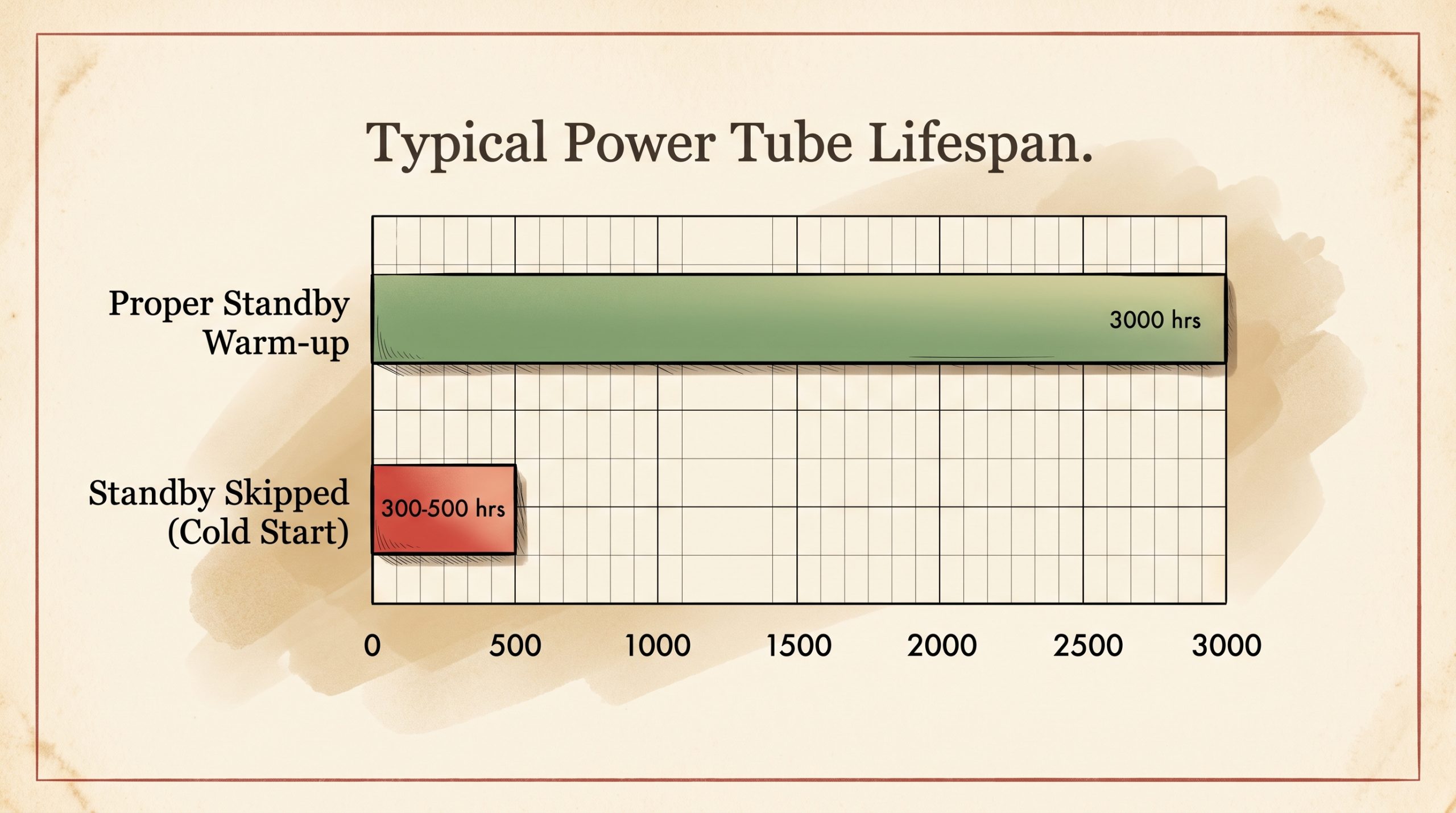 tube lifespan hours standby procedure versus skipped warm-up chart